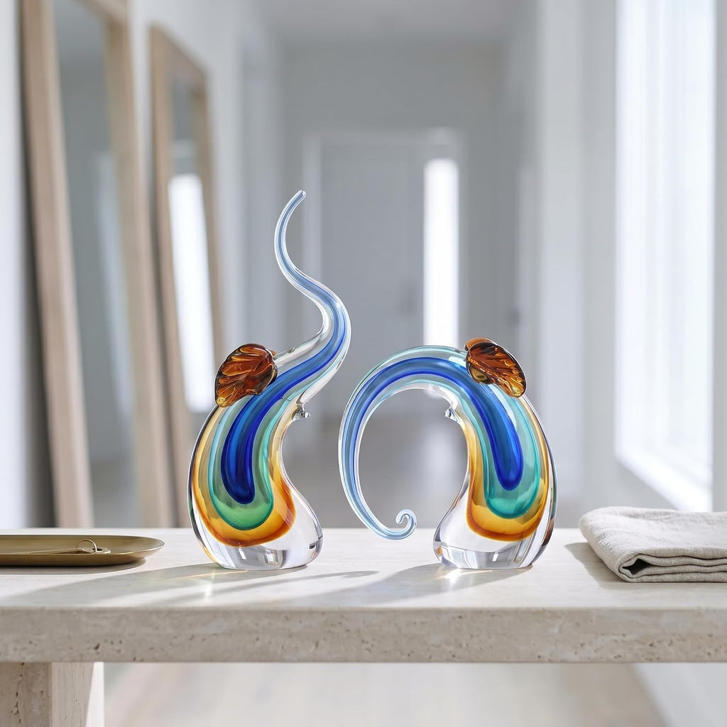 Hand Blown Elephant Statues Set - Luxury Sculptures Home Decor Art Glass Ornament Animal Collectible (Blue)