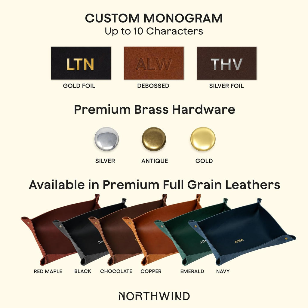 Personalized Leather Valet Tray - Made in USA - Custom Monogramed Full Grain Leather Catchall Tray for Men, Desk