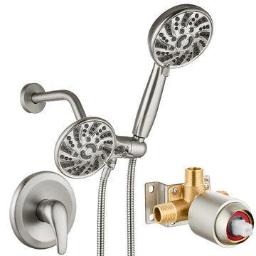 Dual Shower Head Kit with Valve 6 Mode Handheld Brushed Nickel
