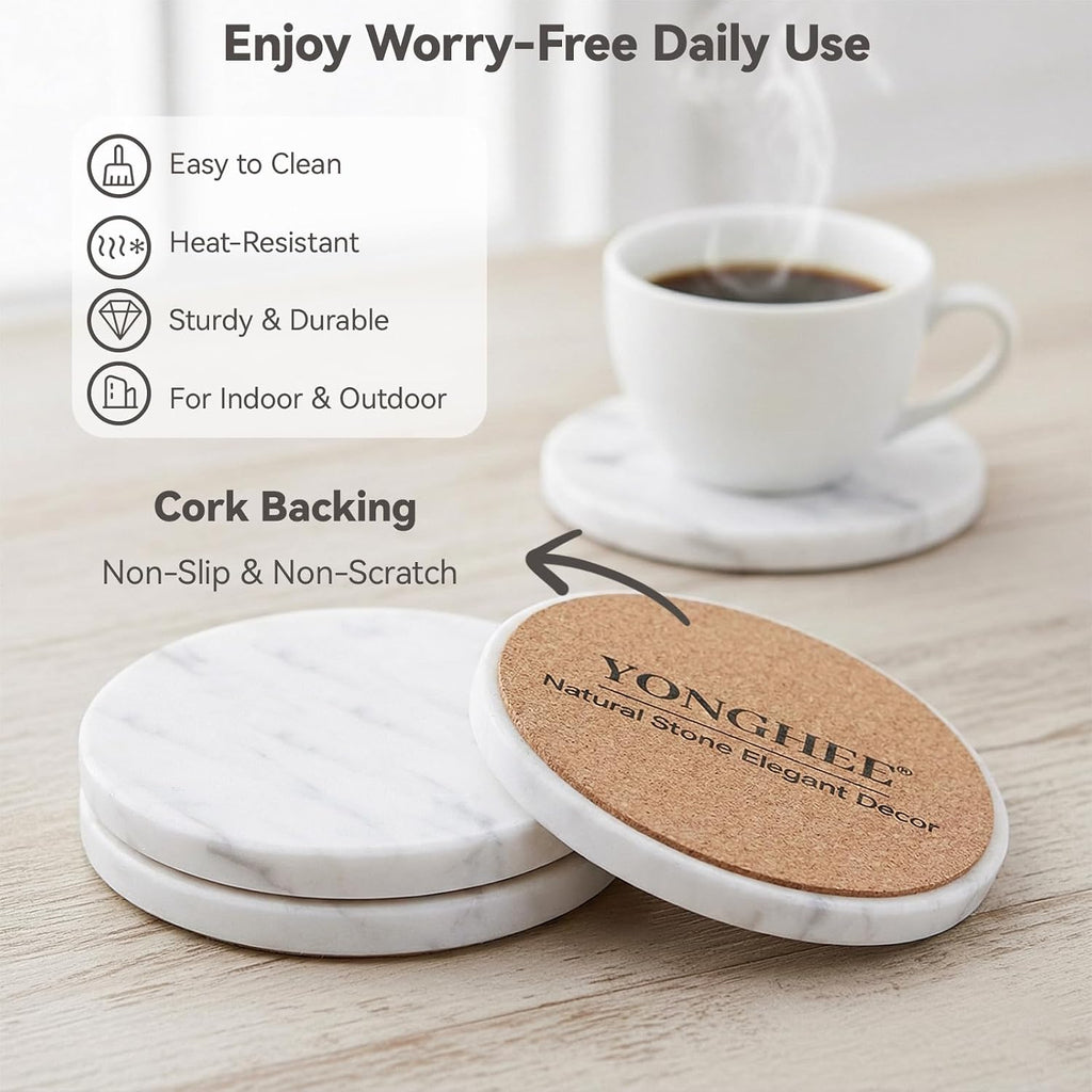 Soft White Marble Coasters, Modern Elegant Drink Coasters for Dining Table, 4" Round Polished Natural White - Set of 8