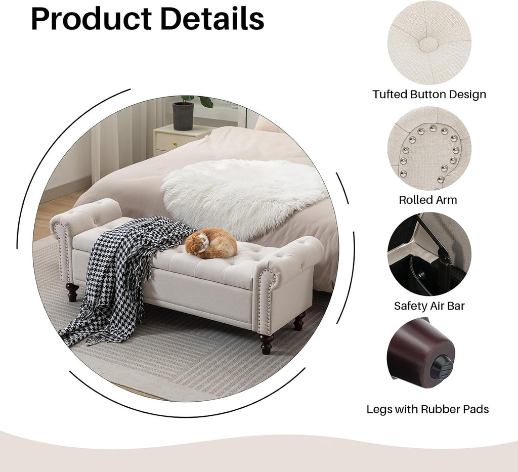 58.1" Storage Bench , Linen Upholstered, Beige | End of Bedroom Bed Bench Ottoman with Tufted Cushioned Rolled Arm