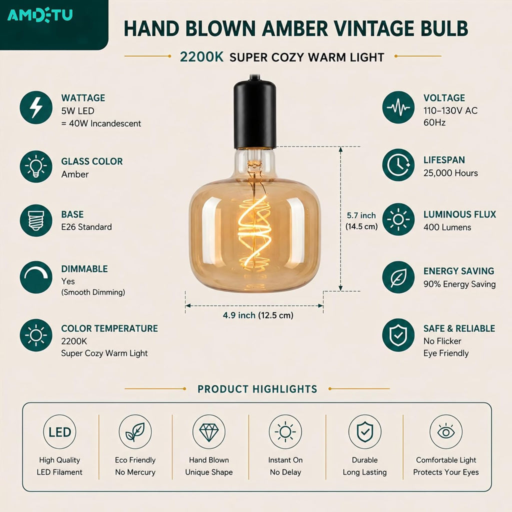 Large Amber Oversized LED Edison Bulb Dimmable 2200K E26 5W (40W Eq) 1PK