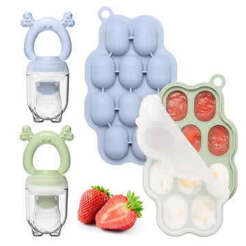Silicone Baby Fruit Feeder with Freezer Tray 2 Pack, Breastmilk Popsicle Molds for Teething Relief, BPA Free Food