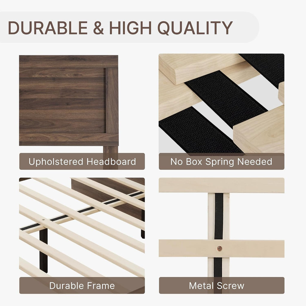 Wood Bed Frame with Headboard and Footboard, Walnut, Queen