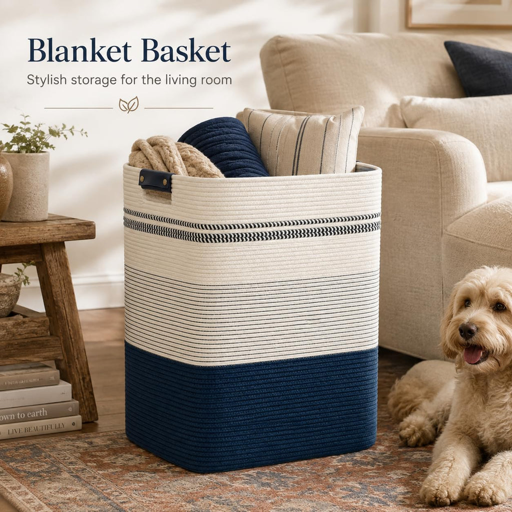 Laundry Hamper, Cotton Rope Laundry Basket with Leather Handles, 25.1-Gallon/95 L Large Clothes Hampers for Laundry