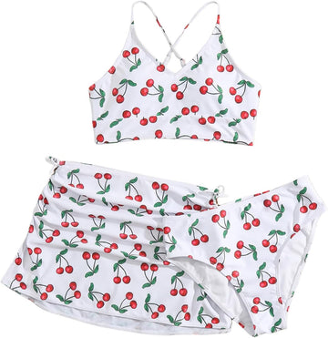 Girl's 3 Piece Swimsuit Cherry Print Cute Bikini Set with Cover Up Skirt