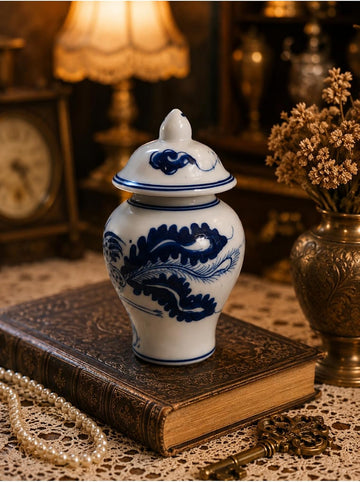 Blue and White Porcelain Decorative Jar with Lid - Classic Traditional Motifs - Vintage Style - 4.3 Inch Height