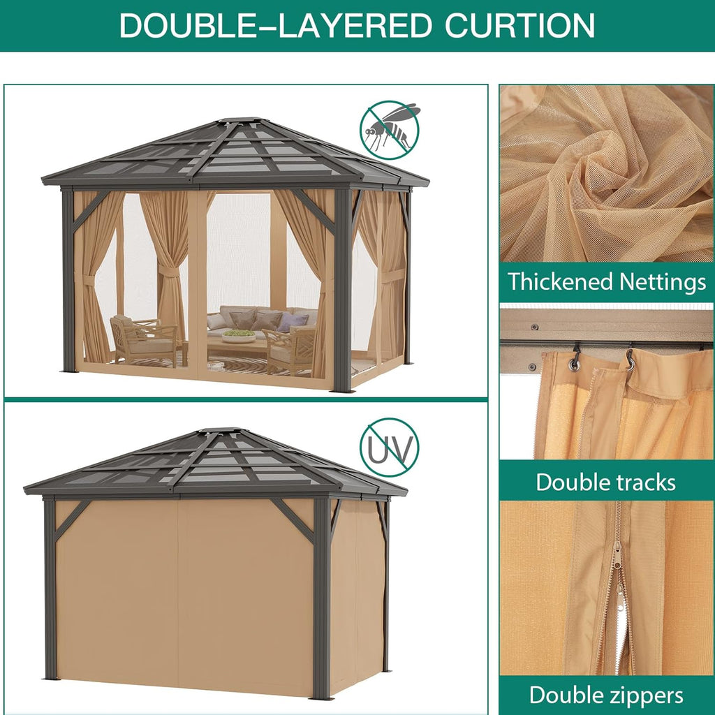 10x12ft Gazebo, Hardtop Outdoor Canopy Aluminum Frame Permanent Gazebo with Netting and Curtains