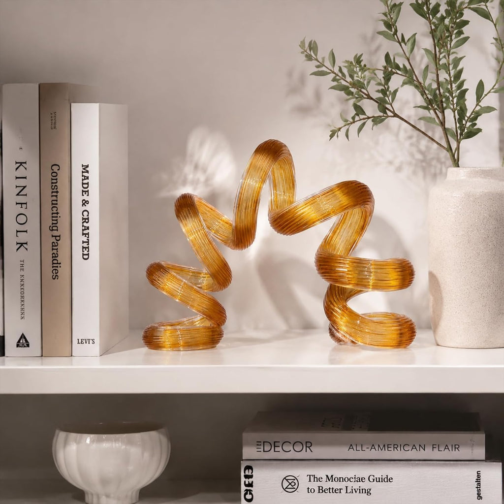 Hand Blown Glass Sculpture, Abstract Art Home Office Shelf Decor, 7.9" L x 5.5" H