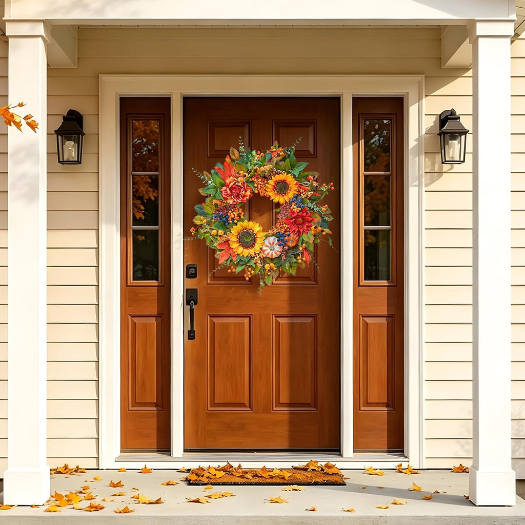 24 Inch Harvest Fall Wreaths for Front Door Outside with Sunflowers