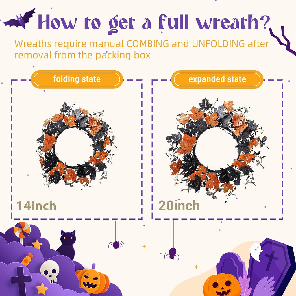 20" Halloween Wreath for Front Door, Golden and Black Maple Leaves