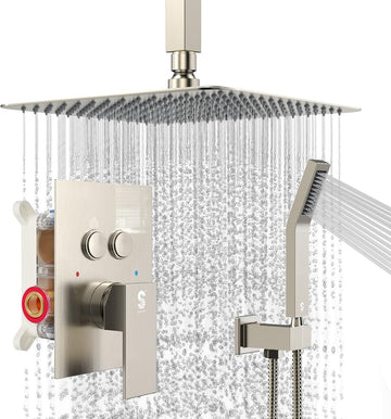 Shower System with Push Button Diverter, Ceiling Mounted Luxury 10 Inch Rain Shower Head with Handheld Spray, High