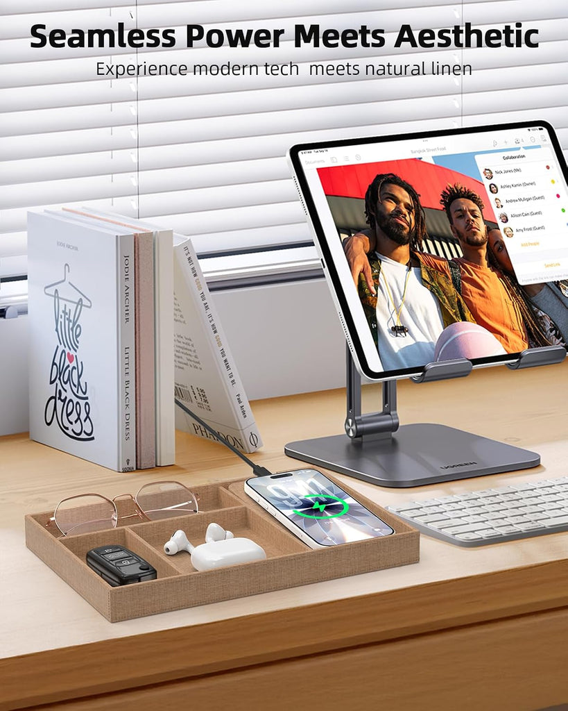 Valet Tray with Wireless Charger, Nightstand Organizer & Catchall Tray for Phone, Keys, Glasses and Accessories