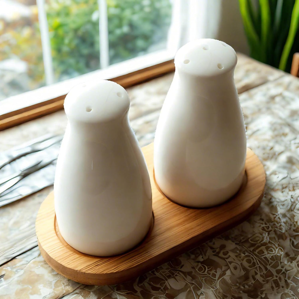 Ceramic Salt and Pepper Shakers Set with a Bamboo Tray,Farmhouse White Salt Shaker for Cooking,Travel,BBQ, Kitchen - Set of 2