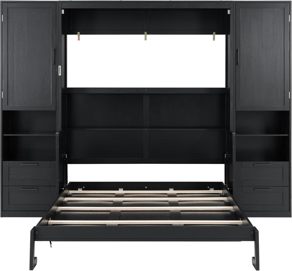 Queen Murphy Bed with Desk, Multifunctional Foldable Wall Bed with Closet, Drawers and Shelves, Space-Saving Wood Bed