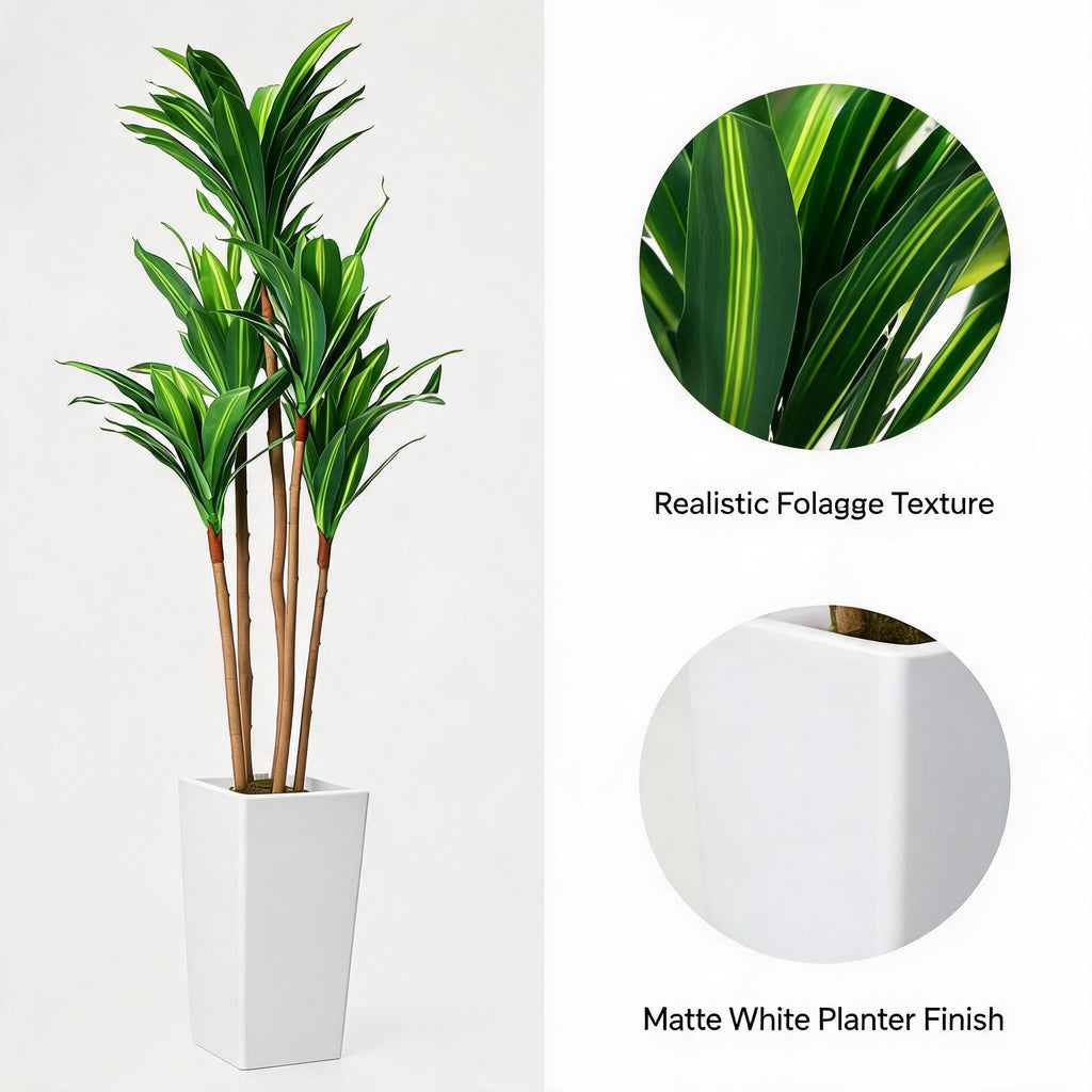 4.8ft Artificial Dracaena Tree in White Tall Planter, Tall Artificial Plants for Indoor and Outdoor Fake Tree