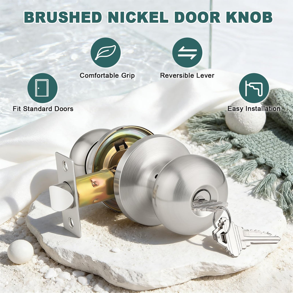 Entry Door Knobs with Lock and Same Keys, Brushed Nickel Keyed Aliked Entry Door Lock Sets for Exterior & Interior