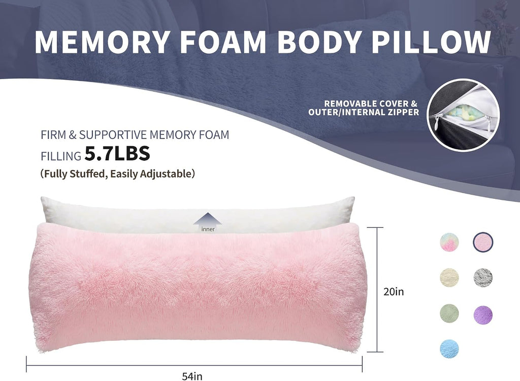 Fluffy Full Body Pillow, Long Pillow for Sleeping,Pink 20x54 | Large pillow, Removable Cover and Filling with Memory