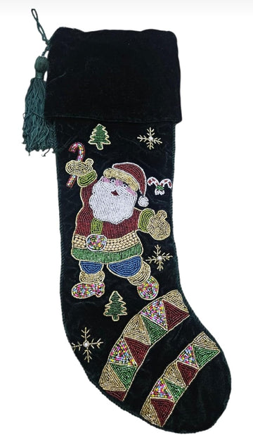 Luxury Green Velvet Christmas Stocking with Beaded Santa Claus Embroidery, Handmade Holiday Stocking with Tassel