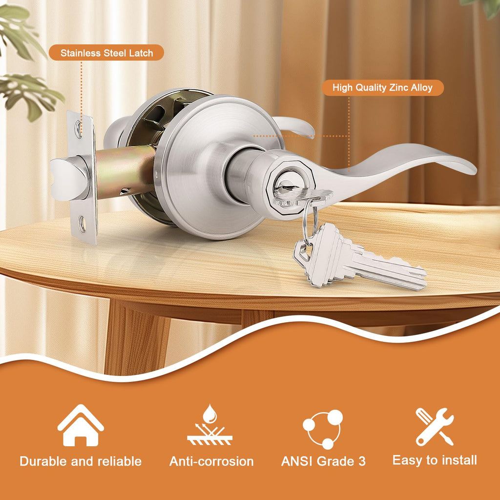 10 Pack Keyed Alike Entry Levers, Wave Style Satin Nickel Entry Locksets, Exterior Interior Door Levers with Lock and