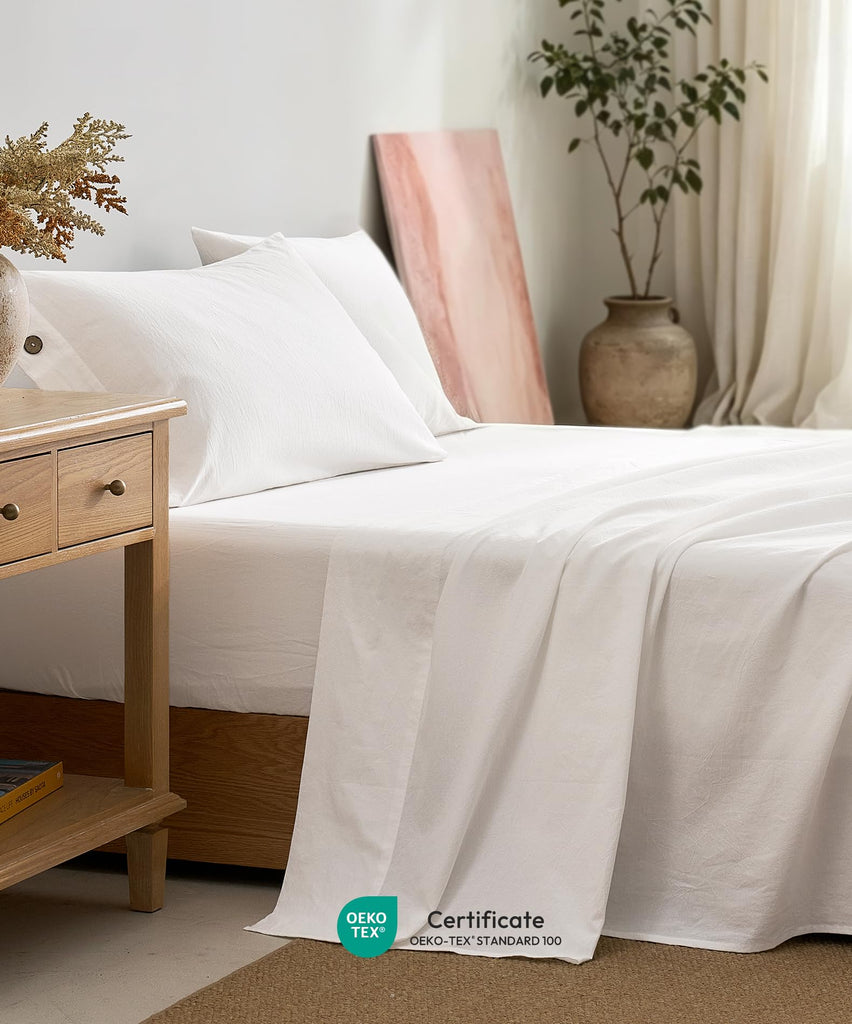 100% Washed Cotton Sheet Set, 4PC, Deep Pocket, White