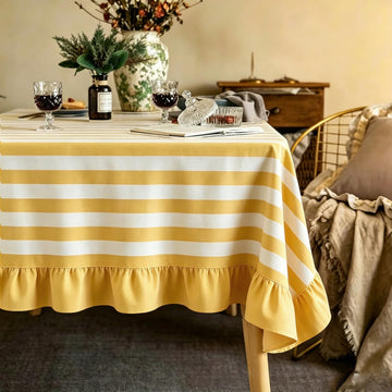 Striped Tablecloth with Ruffle, Yellow White, 55 x 70 Inch