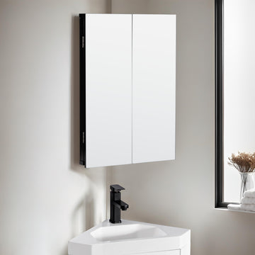 24" Bathroom Corner Medicine Cabinet W/Mirror, Double Doors Bathroom Black Wall Mount Mirror Cabinet, Hanging Triple