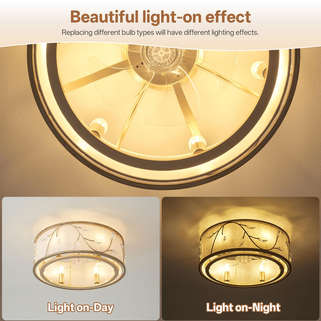 Caged Flush Mount Ceiling Fans with Lights, 20" Gold Boho Ceiling Fan, Low Profile Crystal Ceiling Fan with Light