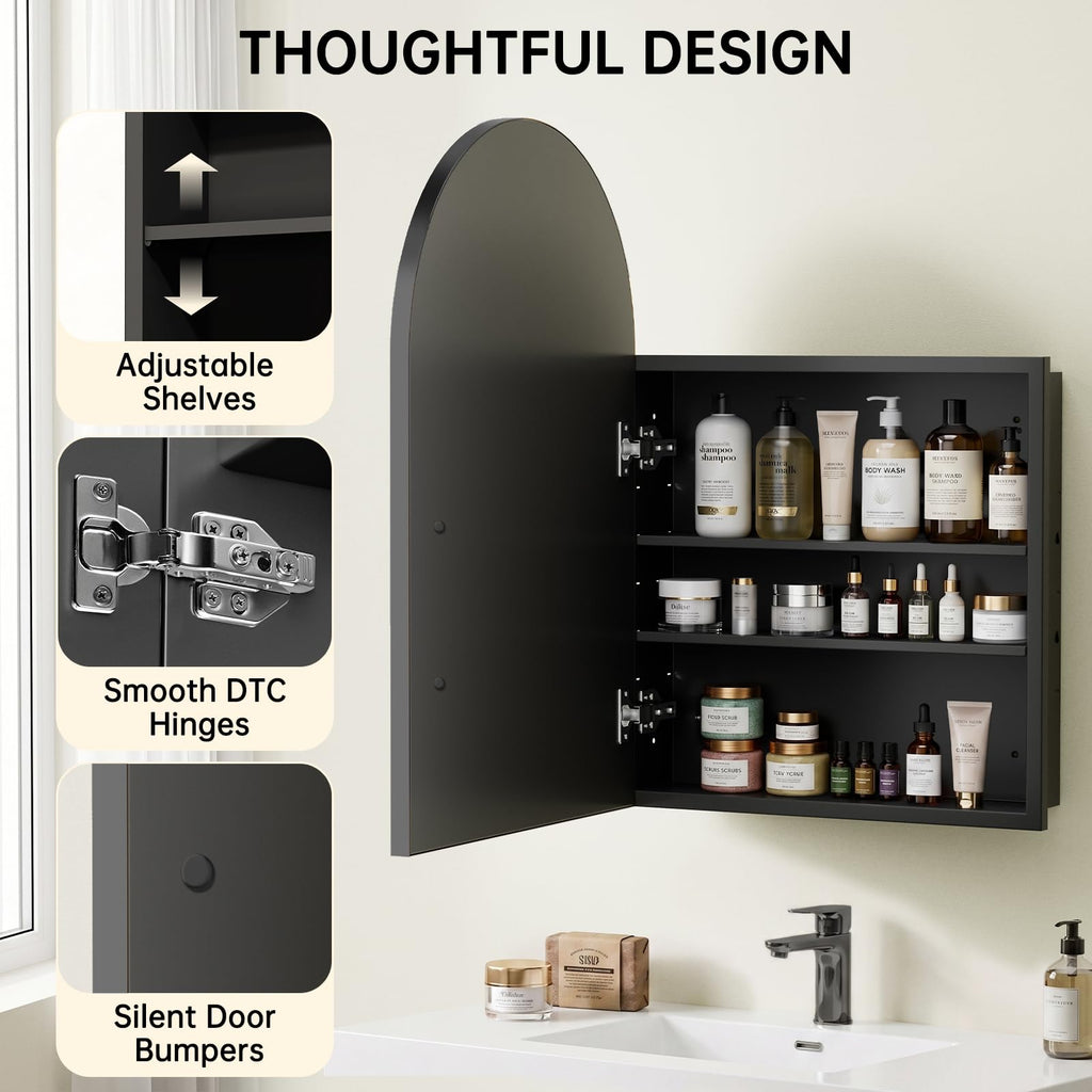 Arched Recessed Medicine Cabinet with Mirror, Bathroom Mirror Storage, Black