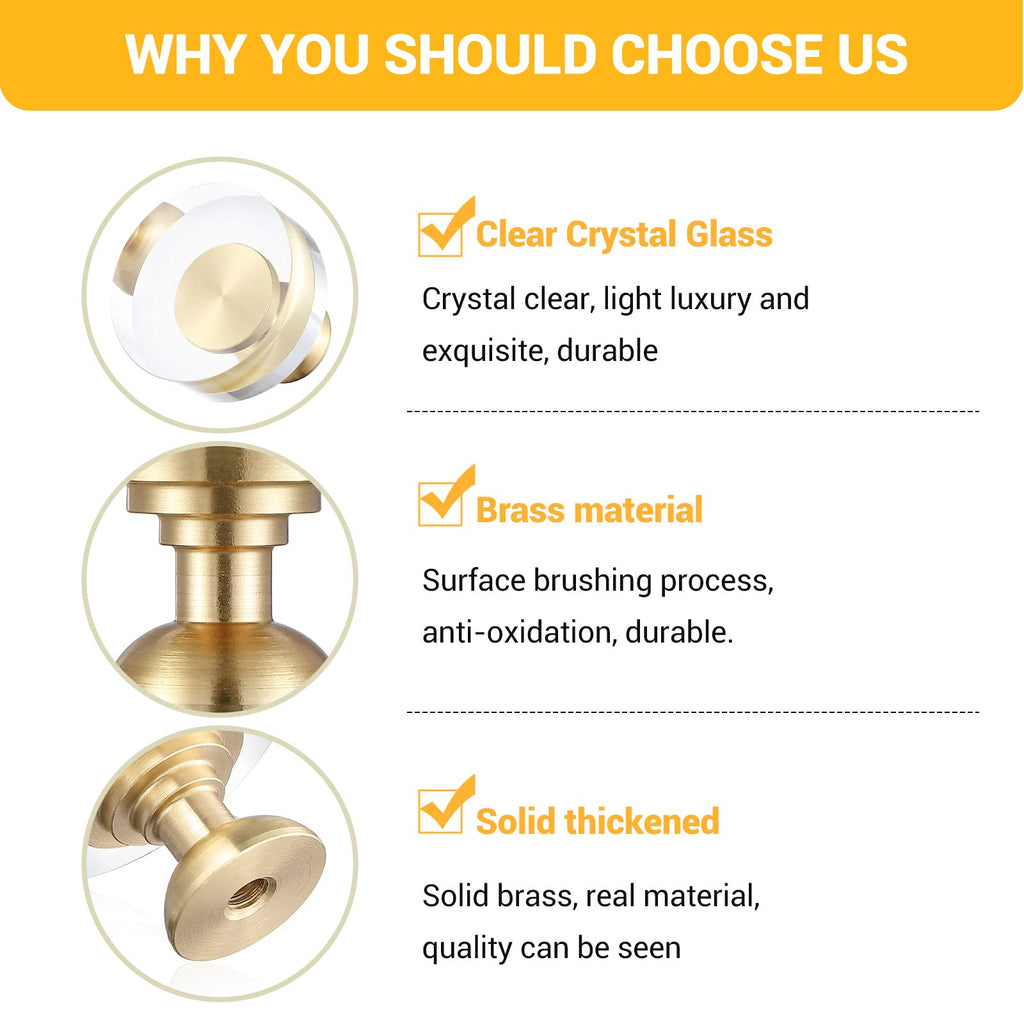 12-Pack 1-1/4-Inch White Cabinet Glass Crystal Brass knobs Brass Drawer Round Knobs Dresser Pulls, Gold Hardware