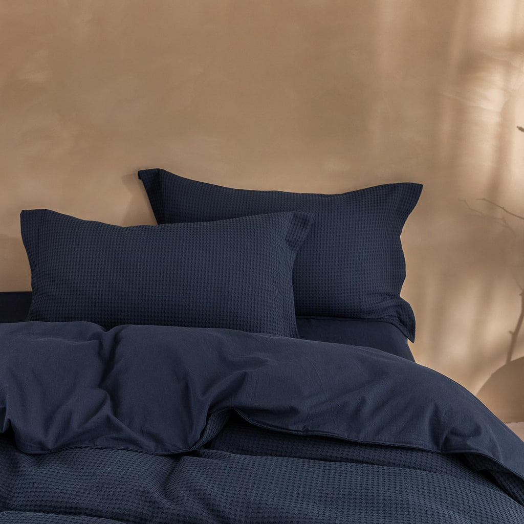 3Pcs Navy Blue Waffle Cotton Duvet Cover Set Super 98x90
