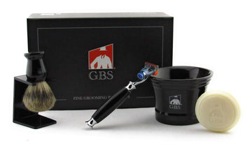 Men's Grooming Kit - 5 Blade Razor, Black Ceramic Mug, All-Natural Glycerin Soap, Shaving Brush, Stand Ultimate