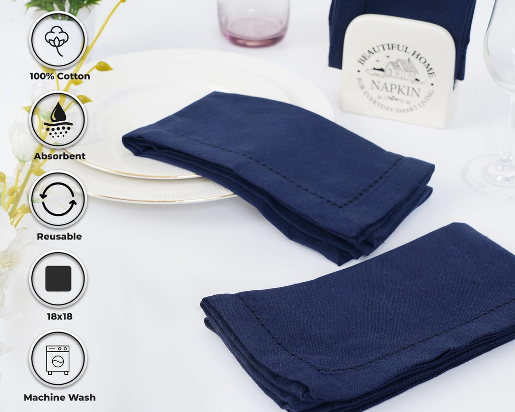 Navy Blue Hemstitch Linen Napkins Set of 12-100% Cotton Cloth Dinner Napkins 18x18 inches, Soft, Reusable, Absorbent