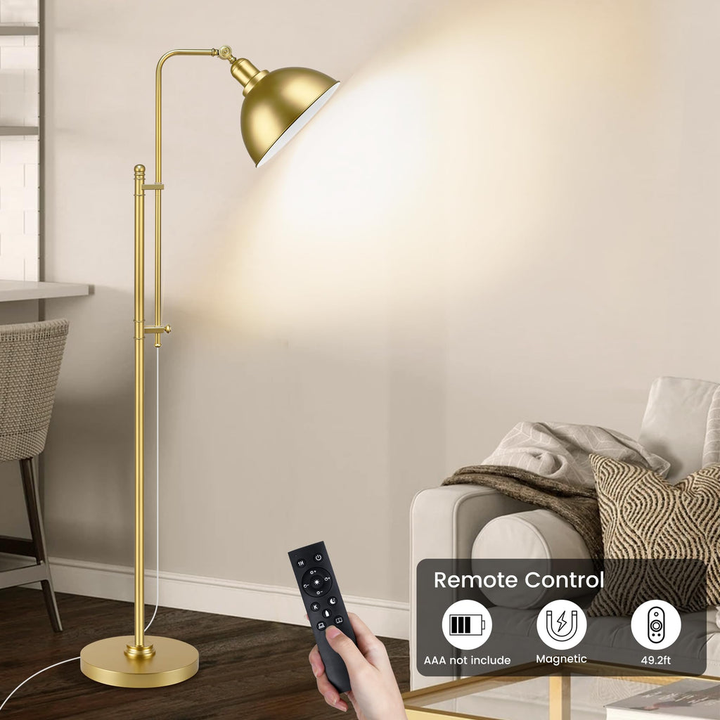 Industrial Floor Lamp Adjustable, Rustic Farmhouse Reading Lamp in Aged Gold Finish, Modern Standing Lamp with Remote