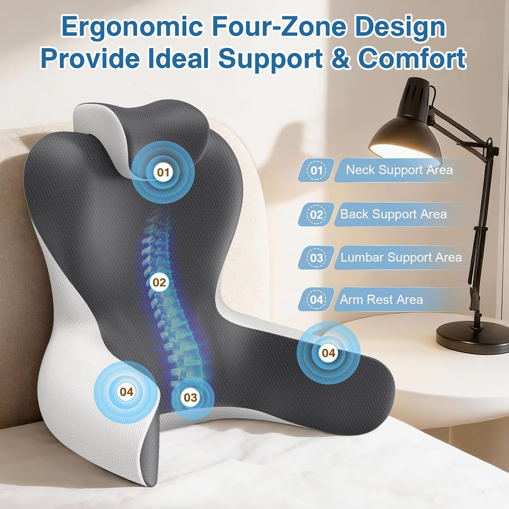 22" XL Reading Pillow Sitting in Bed,Back Support & Armrests(Grey & White) | OEKO-TEX,Back Rest & Lumbar Support