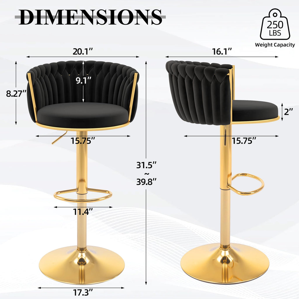 Black Gold Bar Stool Set of 2, Adjustable Height with Woven Backrest