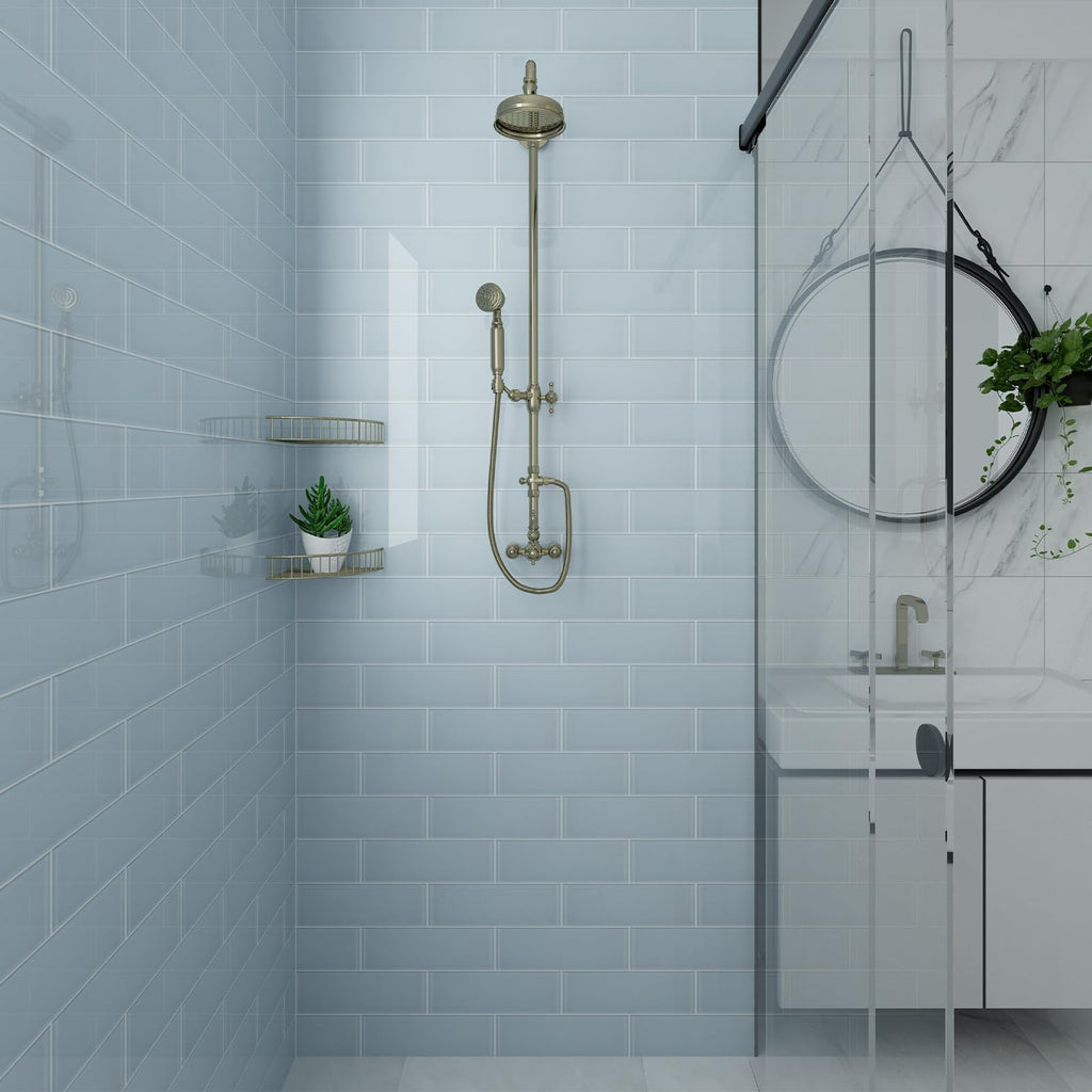 Ice Blue Glass Subway Tile, Glass Kitchen Shower Backsplash Wall, 4 x 12 Inches, 4 Sq.Ft.