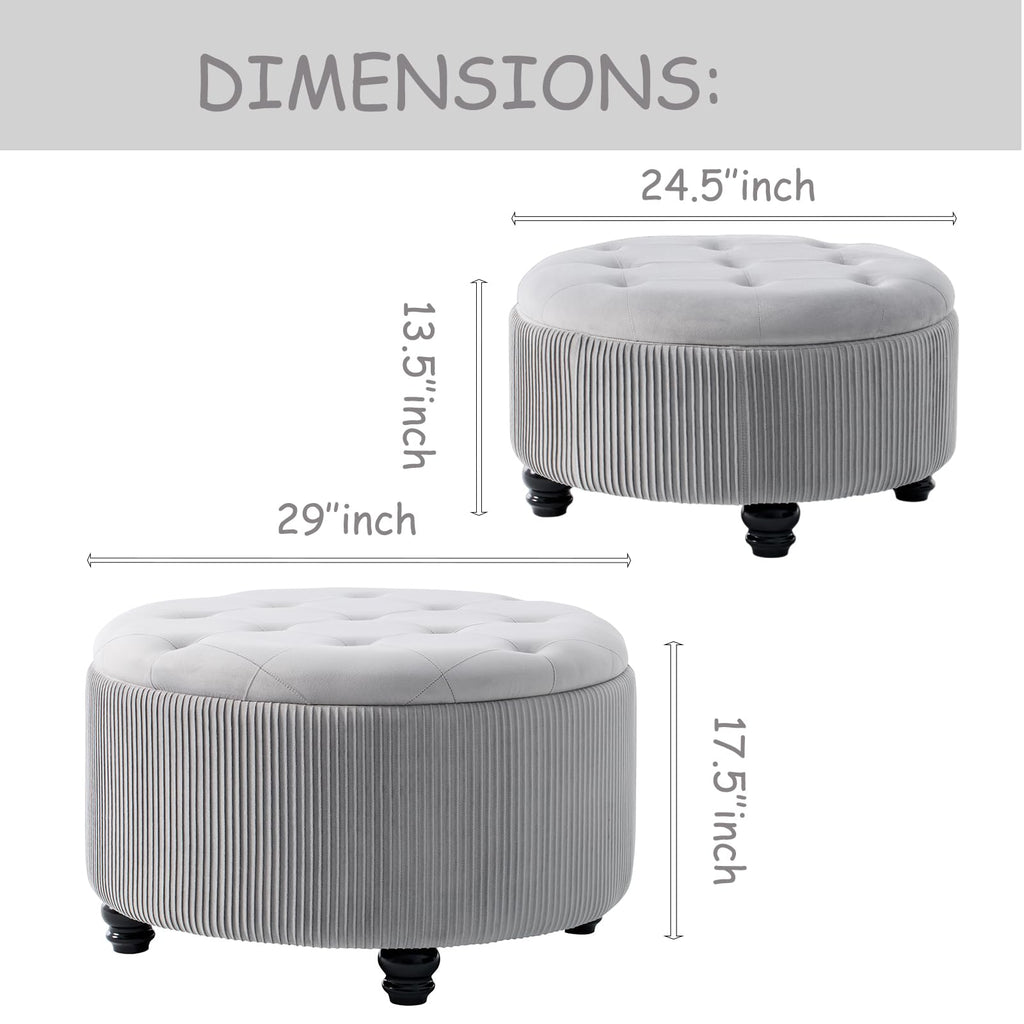 29'' & 24.5'' Round Storage Ottoman Coffee Table Set of 2, Light Gray