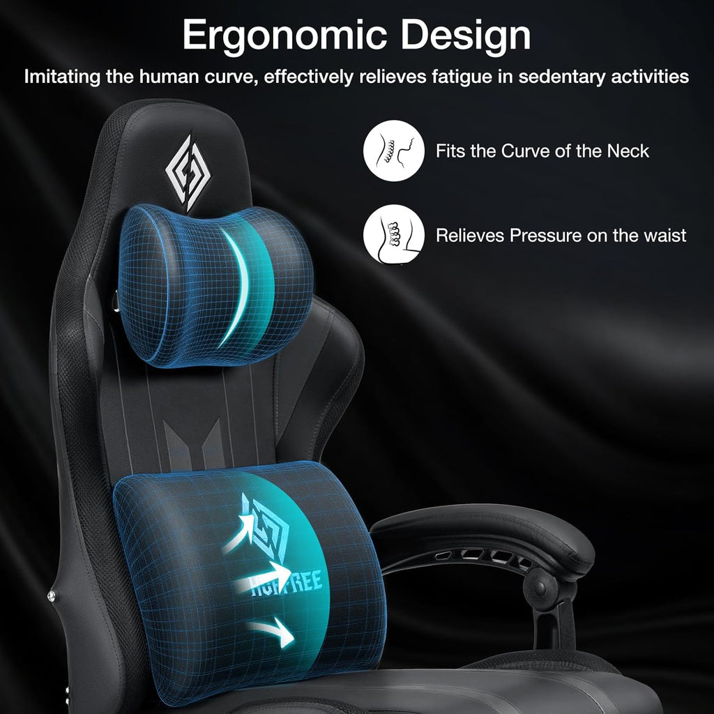 RGB Gaming Chair with Speakers Music Rhythm LED Lights Computer Chairs-Grey | Ergonomic Massage Game Chair with