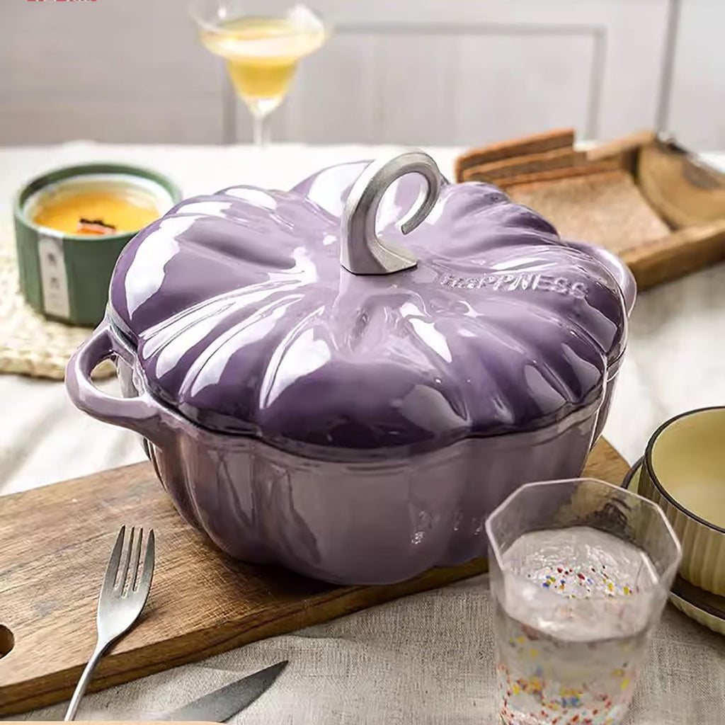Pumpkin Dutch Oven Pot, Cast Iron, Purple, 3.9 Quart, Pumpkin Shape
