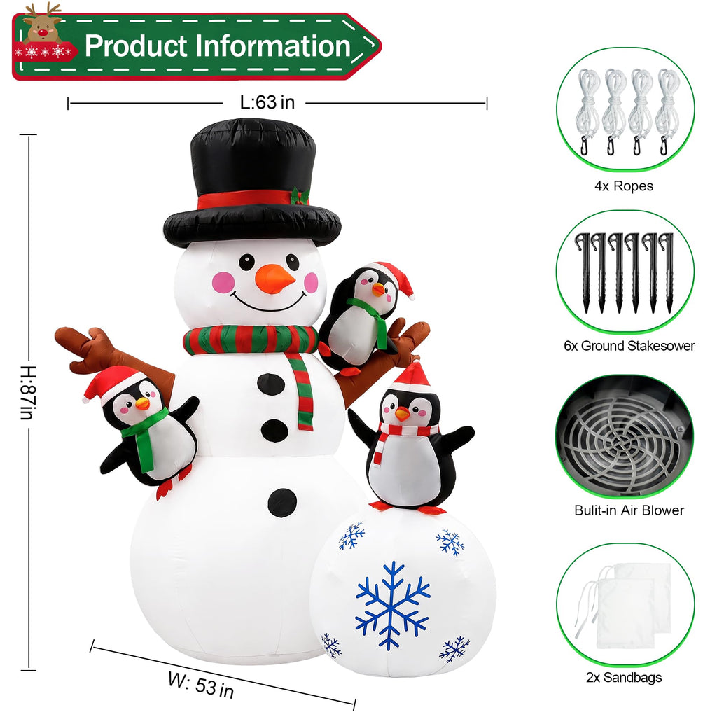 7 FT Christmas Inflatable Snowman with 3 Penguins, Giant Lighted Blow Up Snowman, Outdoor Christmas Yard Decorations