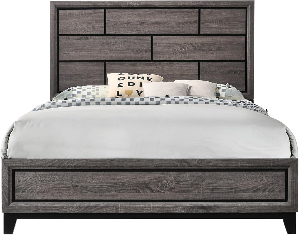 Gray Bed Low Profile Geometric Headboard Solid Wood