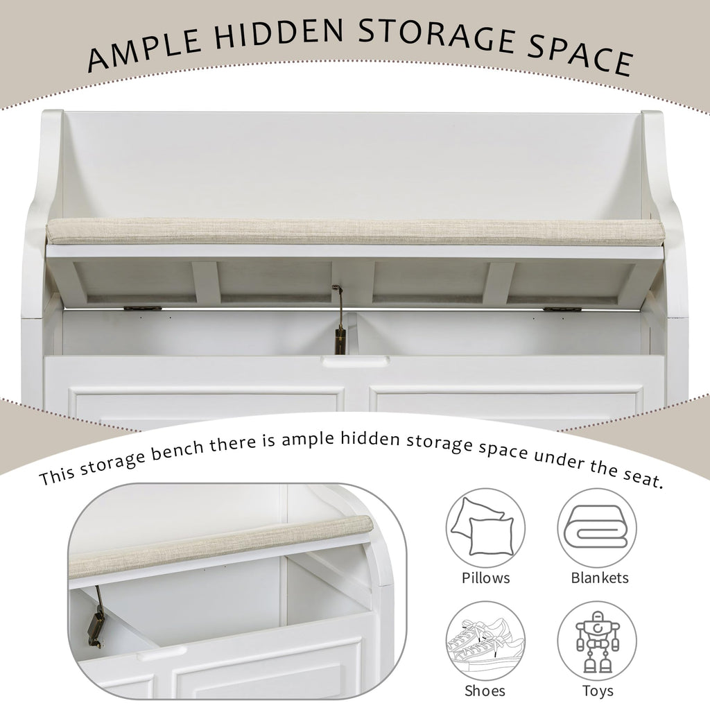 42" Rustic Storage Bench Entryway Bench Shoe Cabinet Ottoman (White)