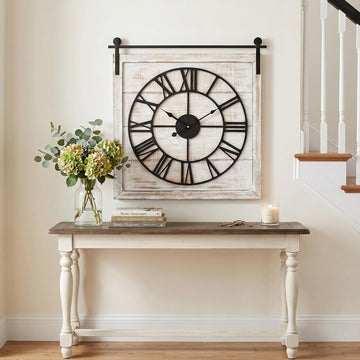 24 Inch Large Rustic Wall Clock, Farmhouse Square Wood Frame with Black Metal Barn Door Style Hanging Rod, Silent
