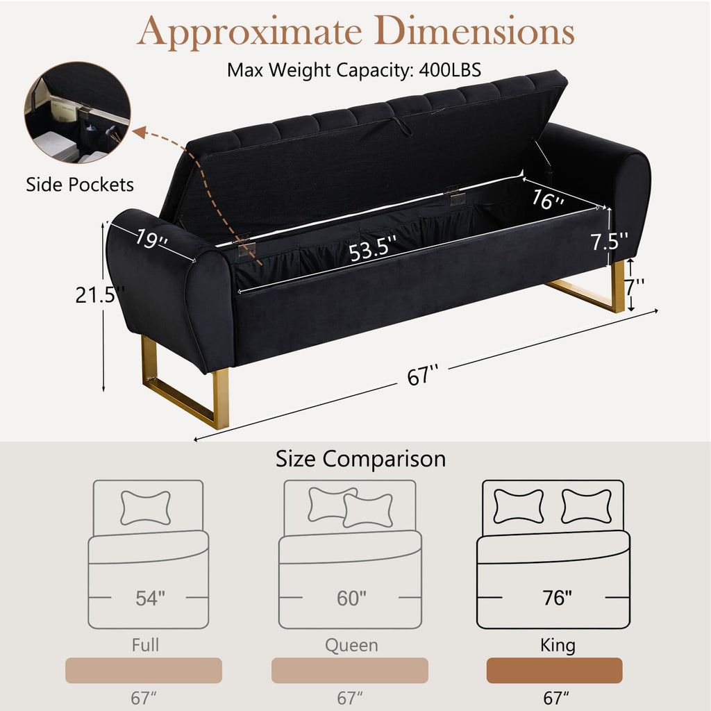 67'' King Size End of Bed Storage Bench, Velvet Bedroom Benches for Foot of Bed King with Gold Legs, Storage Ottoman