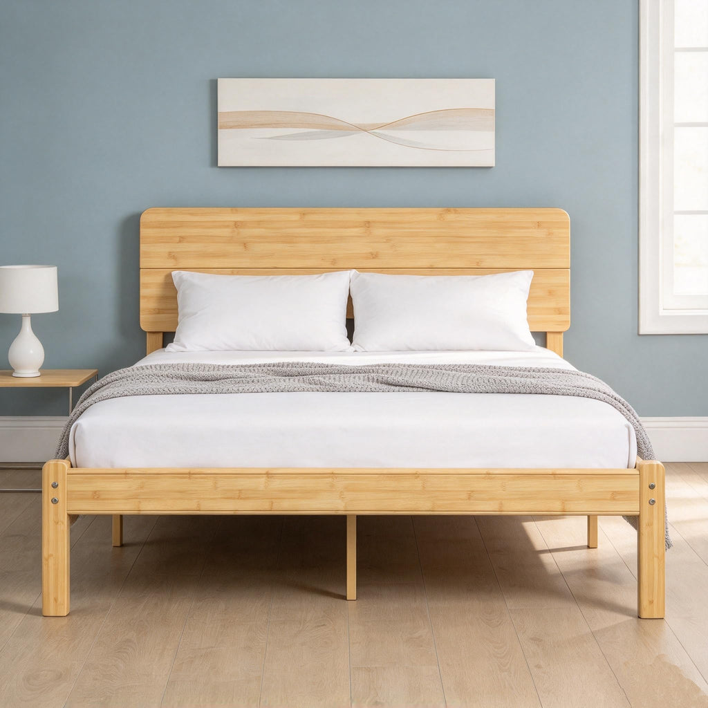 18" Solid Bamboo Wood King Size Bed Frame with Headboard, Natural