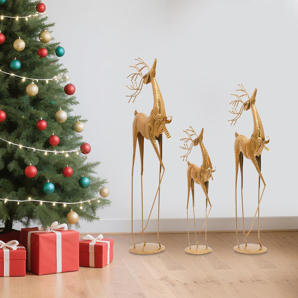 Reindeer Figurine Statues Set of 3, Christmas Reindeer Decor Statues, Gold