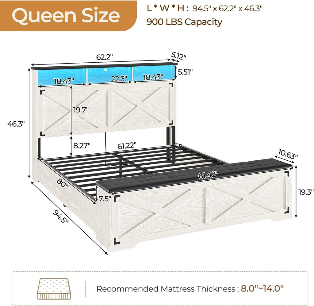 Farmhouse Queen Bed Frame with Storage Headboard, Charging Station and LED Lights Wood Platform Bed Frame Queen with