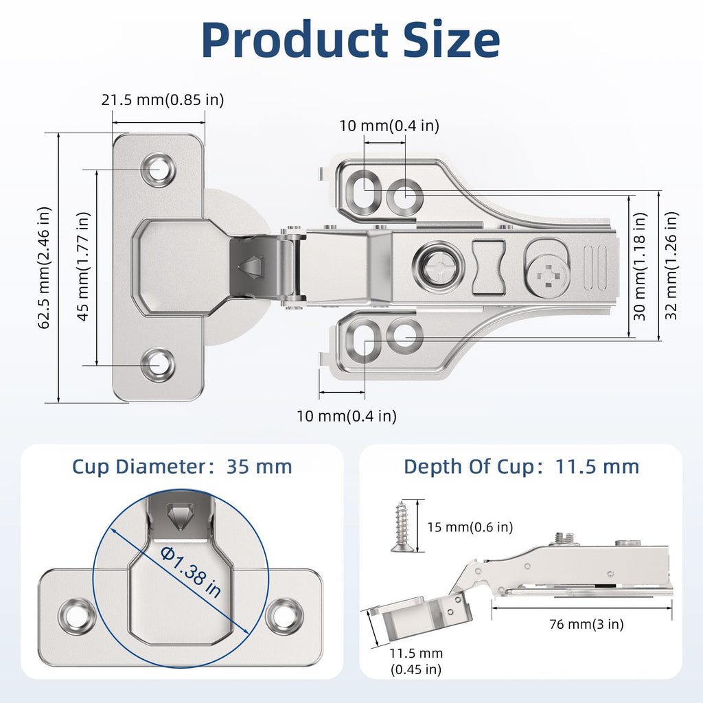2 Pack 1/4" Partial Overlay Soft Close Concealed Hinge for Face Frame & Frameless Door, 3D Adjustment, Clip-on Plate
