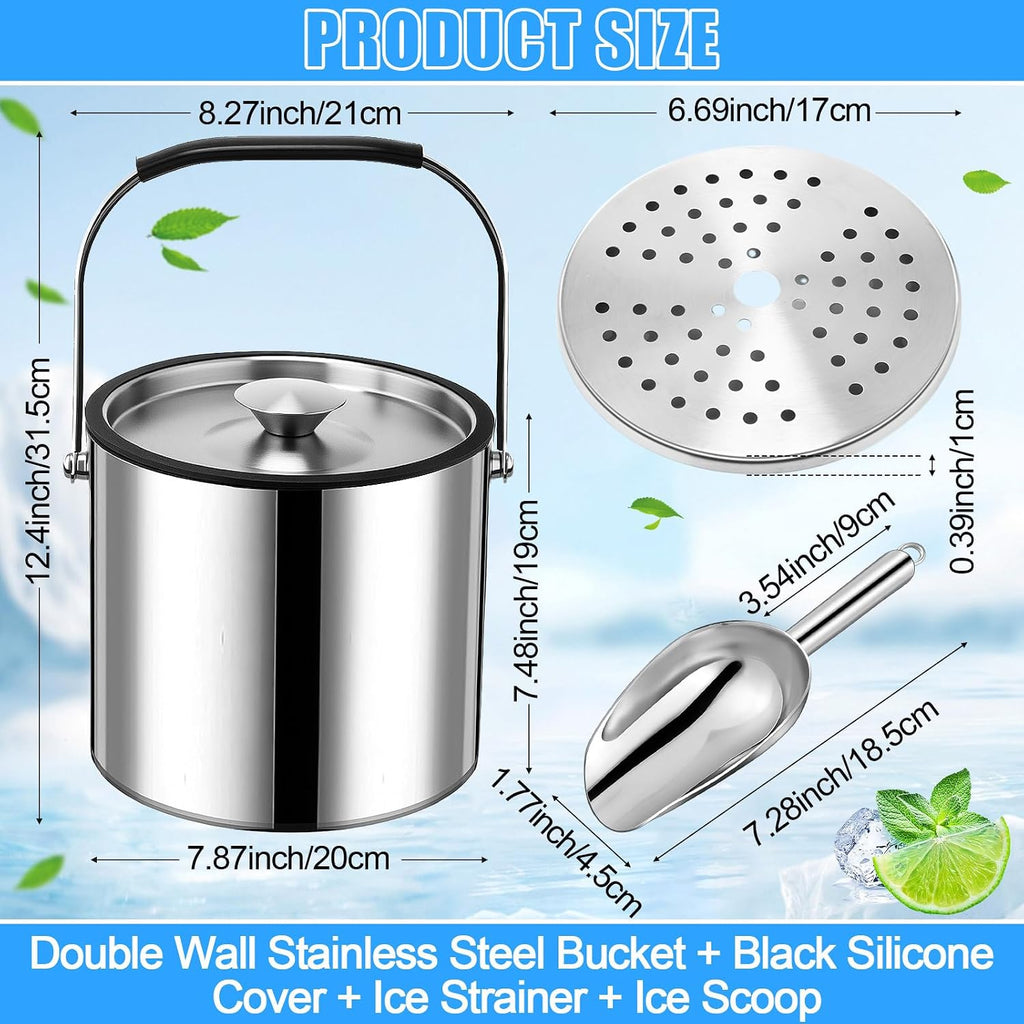 4 L Double Wall Insulated Ice Bucket with Lid, Scoop, Strainer, Handle Large Stainless Steel Wine Ice Bucket Upgraded